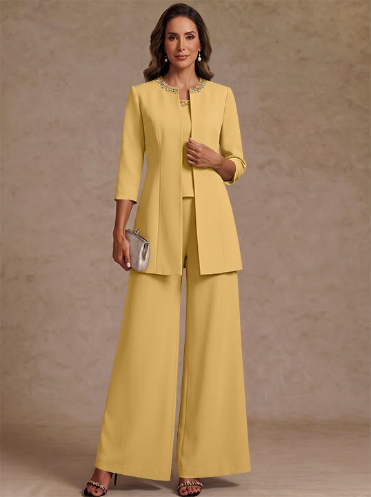 3 Pieces Scoop Chiffon Mother of the Bride Pantsuit Ankle-Length 3/4 Sleeves&amp;Sleeveless Rhinestones with Jacket