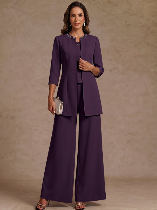 3 Pieces Scoop Chiffon Mother of the Bride Pantsuit Ankle-Length 3/4 Sleeves&amp;Sleeveless Rhinestones with Jacket