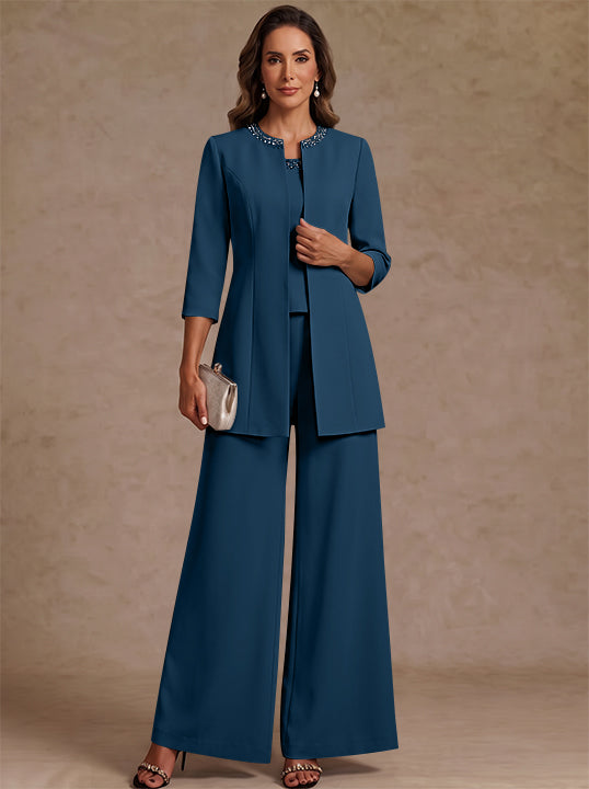 3 Pieces Scoop Chiffon Mother of the Bride Pantsuit Ankle-Length 3/4 Sleeves&amp;Sleeveless Rhinestones with Jacket