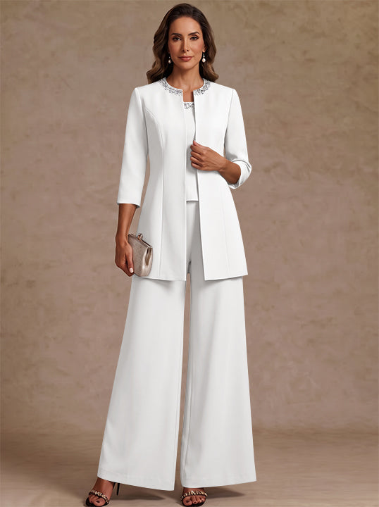 3 Pieces Scoop Chiffon Mother of the Bride Pantsuit Ankle-Length 3/4 Sleeves&amp;Sleeveless Rhinestones with Jacket