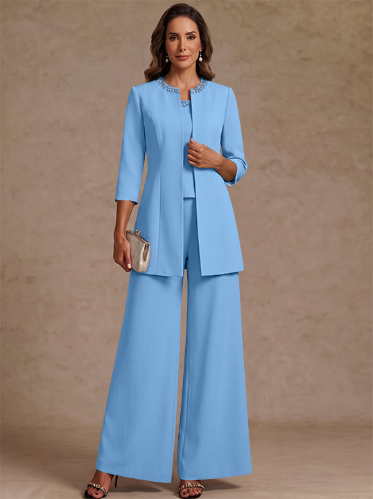 3 Pieces Scoop Chiffon Mother of the Bride Pantsuit Ankle-Length 3/4 Sleeves&amp;Sleeveless Rhinestones with Jacket
