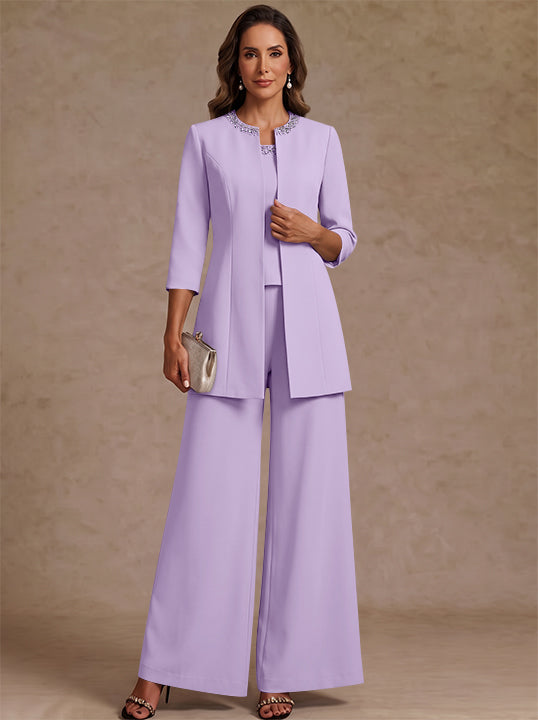3 Pieces Scoop Chiffon Mother of the Bride Pantsuit Ankle-Length 3/4 Sleeves&amp;Sleeveless Rhinestones with Jacket