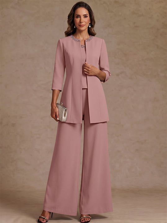 3 Pieces Scoop Chiffon Mother of the Bride Pantsuit Ankle-Length 3/4 Sleeves&amp;Sleeveless Rhinestones with Jacket