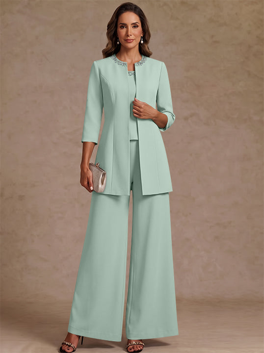 3 Pieces Scoop Chiffon Mother of the Bride Pantsuit Ankle-Length 3/4 Sleeves&amp;Sleeveless Rhinestones with Jacket
