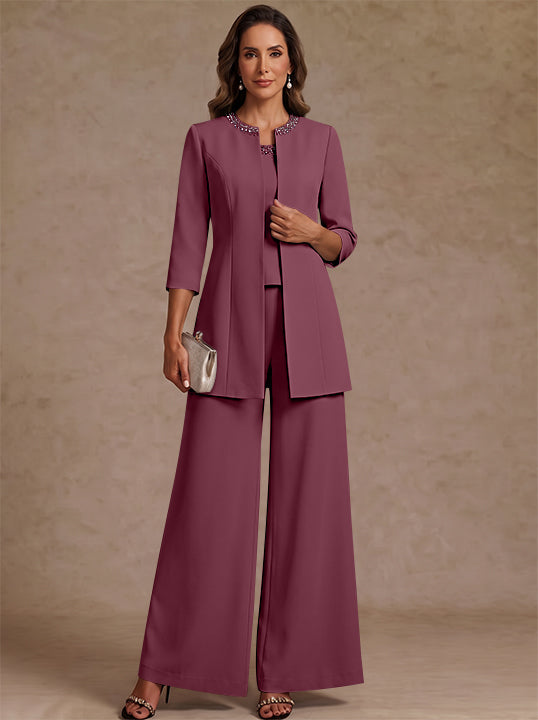 3 Pieces Scoop Chiffon Mother of the Bride Pantsuit Ankle-Length 3/4 Sleeves&amp;Sleeveless Rhinestones with Jacket