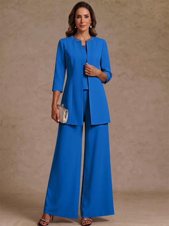 3 Pieces Scoop Chiffon Mother of the Bride Pantsuit Ankle-Length 3/4 Sleeves&amp;Sleeveless Rhinestones with Jacket