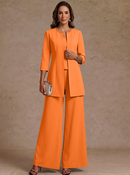 3 Pieces Scoop Chiffon Mother of the Bride Pantsuit Ankle-Length 3/4 Sleeves&amp;Sleeveless Rhinestones with Jacket