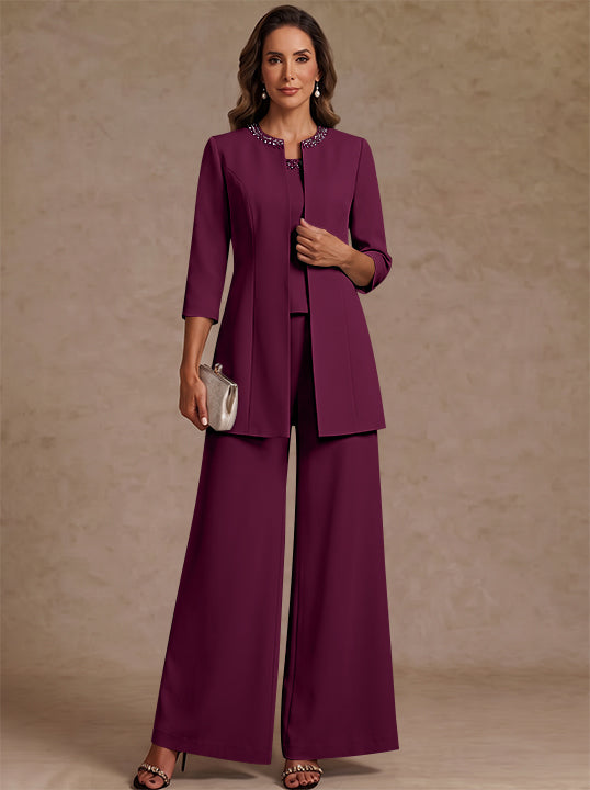 3 Pieces Scoop Chiffon Mother of the Bride Pantsuit Ankle-Length 3/4 Sleeves&amp;Sleeveless Rhinestones with Jacket
