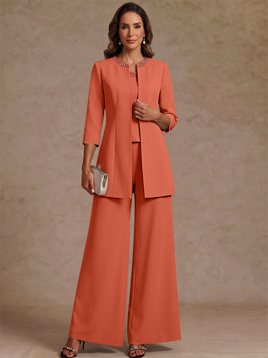 3 Pieces Scoop Chiffon Mother of the Bride Pantsuit Ankle-Length 3/4 Sleeves&amp;Sleeveless Rhinestones with Jacket