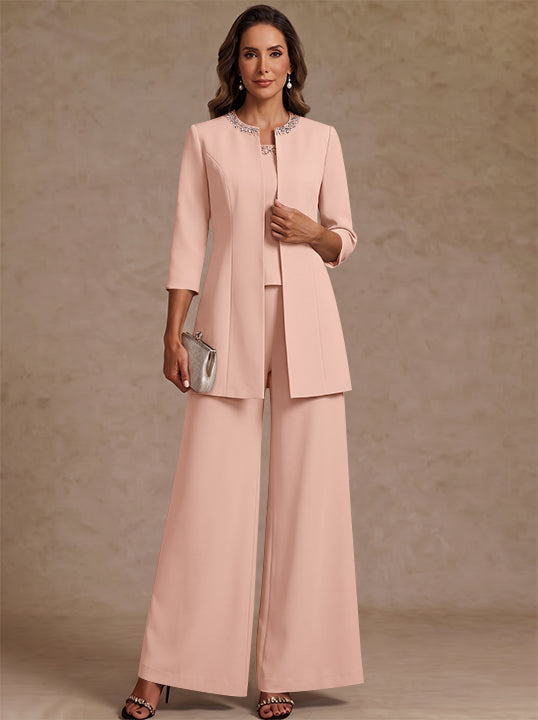 3 Pieces Scoop Chiffon Mother of the Bride Pantsuit Ankle-Length 3/4 Sleeves&amp;Sleeveless Rhinestones with Jacket