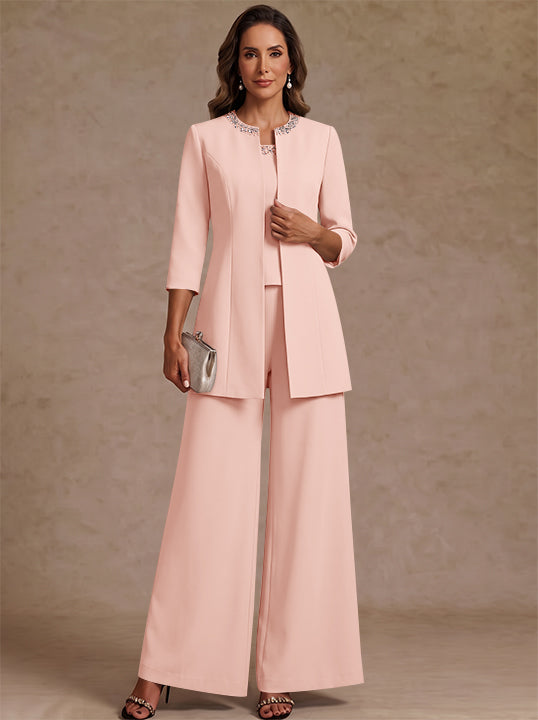 3 Pieces Scoop Chiffon Mother of the Bride Pantsuit Ankle-Length 3/4 Sleeves&amp;Sleeveless Rhinestones with Jacket