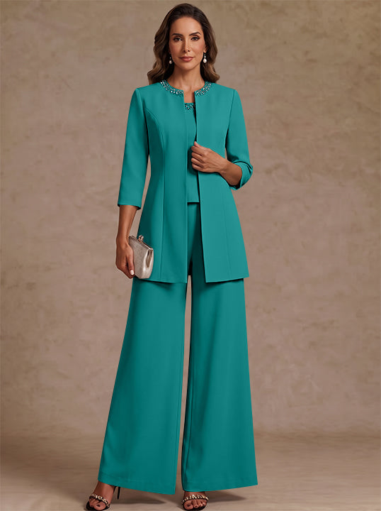 3 Pieces Scoop Chiffon Mother of the Bride Pantsuit Ankle-Length 3/4 Sleeves&amp;Sleeveless Rhinestones with Jacket