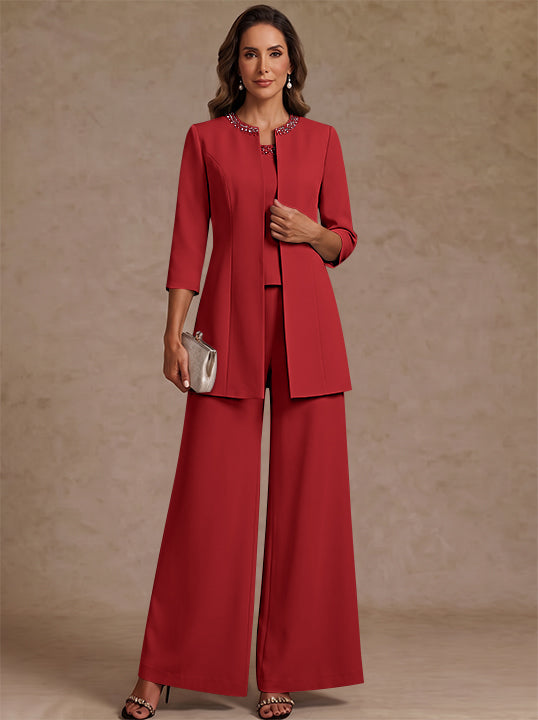 3 Pieces Scoop Chiffon Mother of the Bride Pantsuit Ankle-Length 3/4 Sleeves&amp;Sleeveless Rhinestones with Jacket