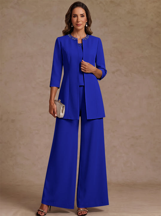 3 Pieces Scoop Chiffon Mother of the Bride Pantsuit Ankle-Length 3/4 Sleeves&amp;Sleeveless Rhinestones with Jacket