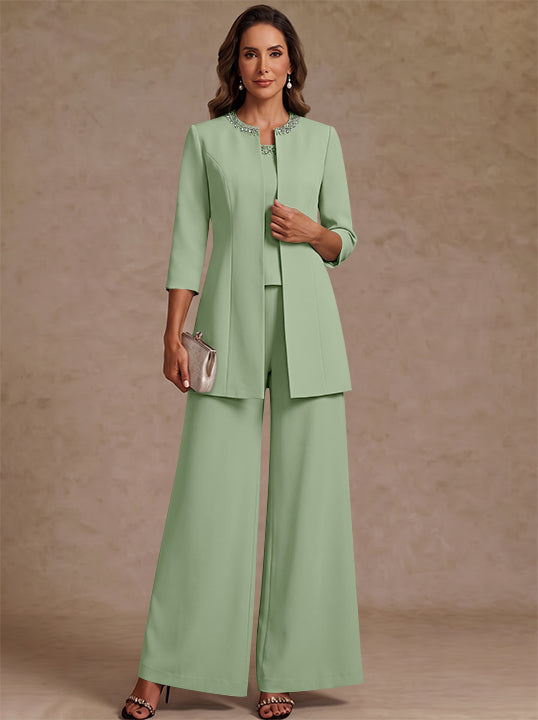 3 Pieces Scoop Chiffon Mother of the Bride Pantsuit Ankle-Length 3/4 Sleeves&amp;Sleeveless Rhinestones with Jacket