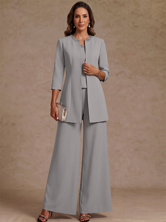 3 Pieces Scoop Chiffon Mother of the Bride Pantsuit Ankle-Length 3/4 Sleeves&amp;Sleeveless Rhinestones with Jacket