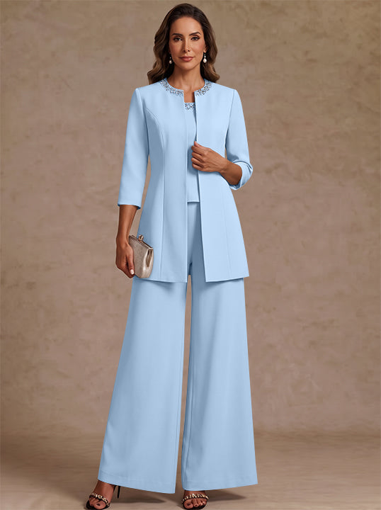 3 Pieces Scoop Chiffon Mother of the Bride Pantsuit Ankle-Length 3/4 Sleeves&amp;Sleeveless Rhinestones with Jacket