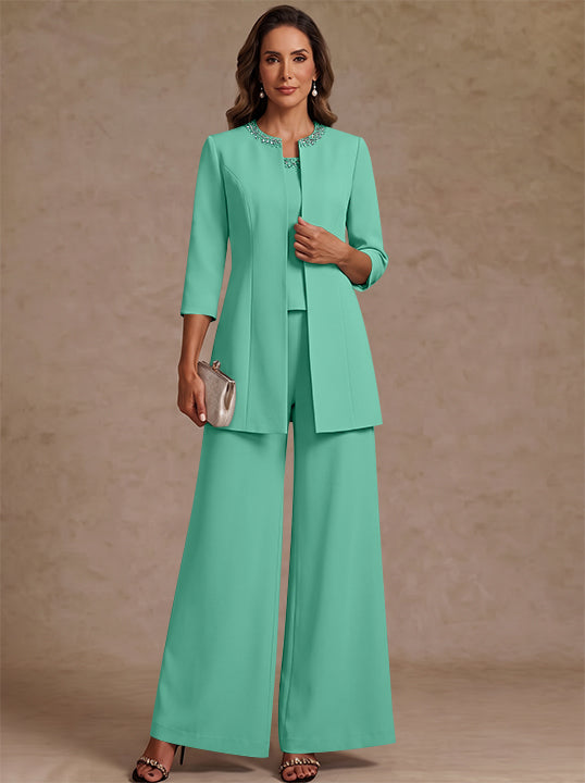 3 Pieces Scoop Chiffon Mother of the Bride Pantsuit Ankle-Length 3/4 Sleeves&amp;Sleeveless Rhinestones with Jacket