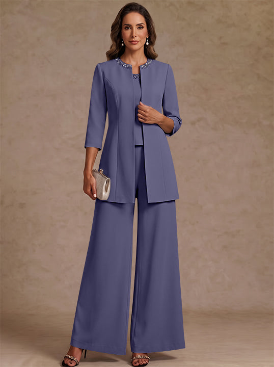 3 Pieces Scoop Chiffon Mother of the Bride Pantsuit Ankle-Length 3/4 Sleeves&amp;Sleeveless Rhinestones with Jacket