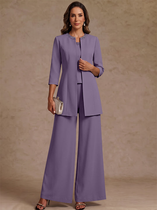 3 Pieces Scoop Chiffon Mother of the Bride Pantsuit Ankle-Length 3/4 Sleeves&amp;Sleeveless Rhinestones with Jacket