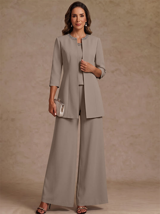3 Pieces Scoop Chiffon Mother of the Bride Pantsuit Ankle-Length 3/4 Sleeves&amp;Sleeveless Rhinestones with Jacket