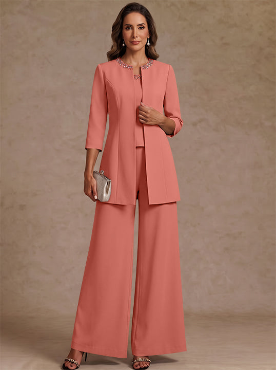 3 Pieces Scoop Chiffon Mother of the Bride Pantsuit Ankle-Length 3/4 Sleeves&amp;Sleeveless Rhinestones with Jacket