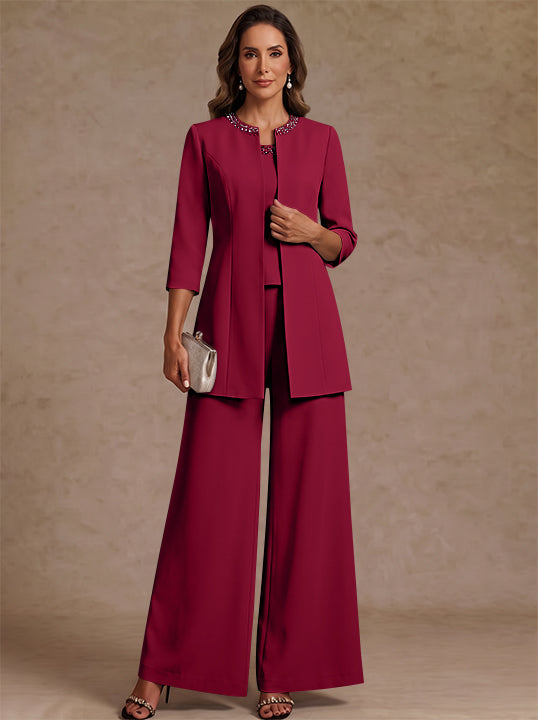 3 Pieces Scoop Chiffon Mother of the Bride Pantsuit Ankle-Length 3/4 Sleeves&amp;Sleeveless Rhinestones with Jacket