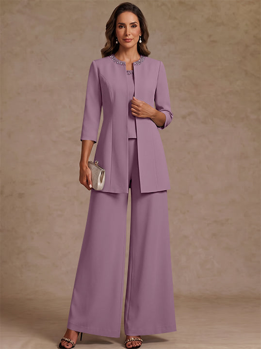 3 Pieces Scoop Chiffon Mother of the Bride Pantsuit Ankle-Length 3/4 Sleeves&amp;Sleeveless Rhinestones with Jacket