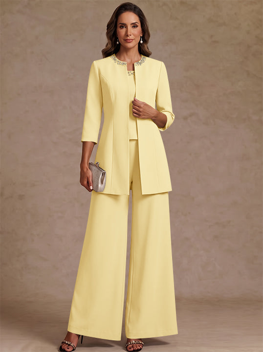 3 Pieces Scoop Chiffon Mother of the Bride Pantsuit Ankle-Length 3/4 Sleeves&amp;Sleeveless Rhinestones with Jacket