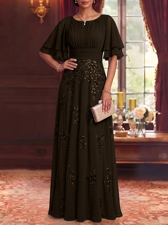 A-Line/Princess Scoop Chiffon Mother of the Bride Dresses Sequins Floor-Length Half Sleeves