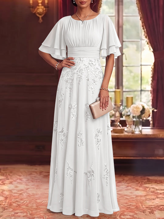 A-Line/Princess Scoop Chiffon Mother of the Bride Dresses Sequins Floor-Length Half Sleeves