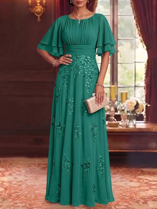 A-Line/Princess Scoop Chiffon Mother of the Bride Dresses Sequins Floor-Length Half Sleeves