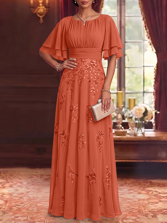 A-Line/Princess Scoop Chiffon Mother of the Bride Dresses Sequins Floor-Length Half Sleeves