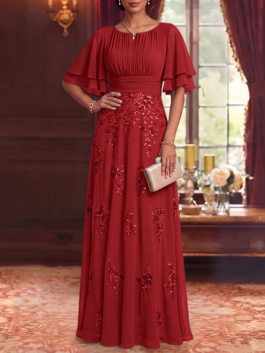 A-Line/Princess Scoop Chiffon Mother of the Bride Dresses Sequins Floor-Length Half Sleeves