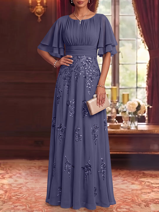 A-Line/Princess Scoop Chiffon Mother of the Bride Dresses Sequins Floor-Length Half Sleeves