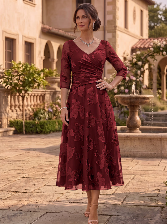 A-Line/Princess V-Neck Mother of the Bride Dresses Floral Burnout Tea-Length Ruched 3/4 Sleeves