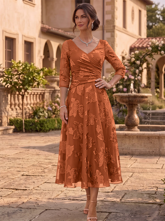 A-Line/Princess V-Neck Mother of the Bride Dresses Floral Burnout Tea-Length Ruched 3/4 Sleeves