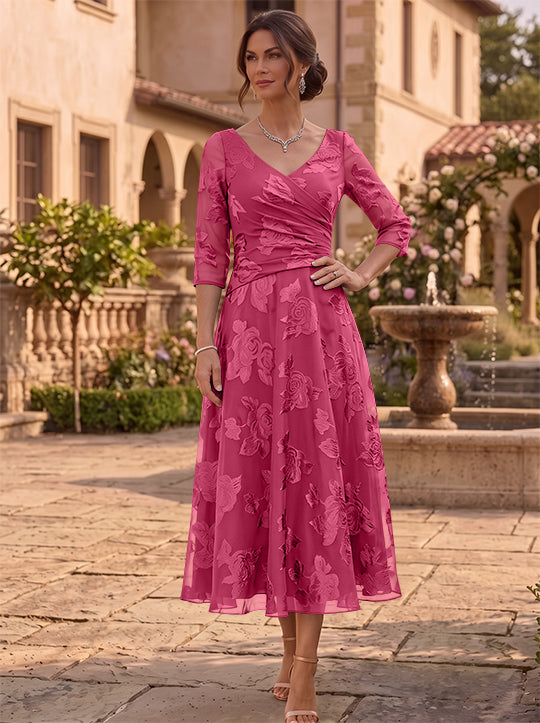 A-Line/Princess V-Neck Mother of the Bride Dresses Floral Burnout Tea-Length Ruched 3/4 Sleeves