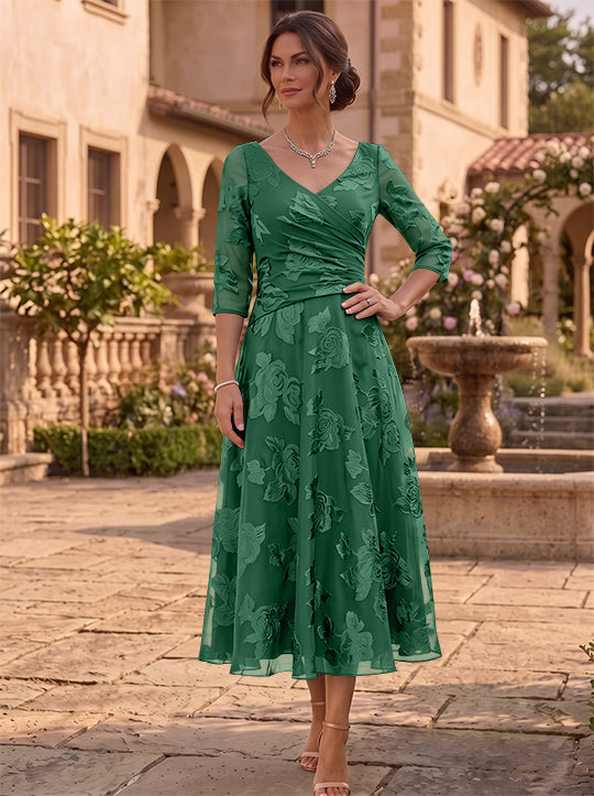 A-Line/Princess V-Neck Mother of the Bride Dresses Floral Burnout Tea-Length Ruched 3/4 Sleeves