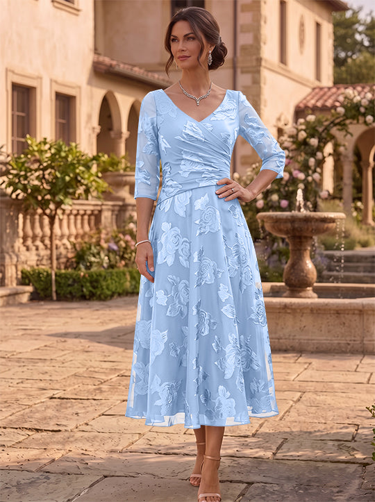 A-Line/Princess V-Neck Mother of the Bride Dresses Floral Burnout Tea-Length Ruched 3/4 Sleeves