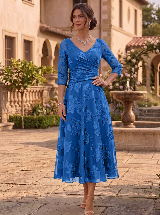 A-Line/Princess V-Neck Mother of the Bride Dresses Floral Burnout Tea-Length Ruched 3/4 Sleeves