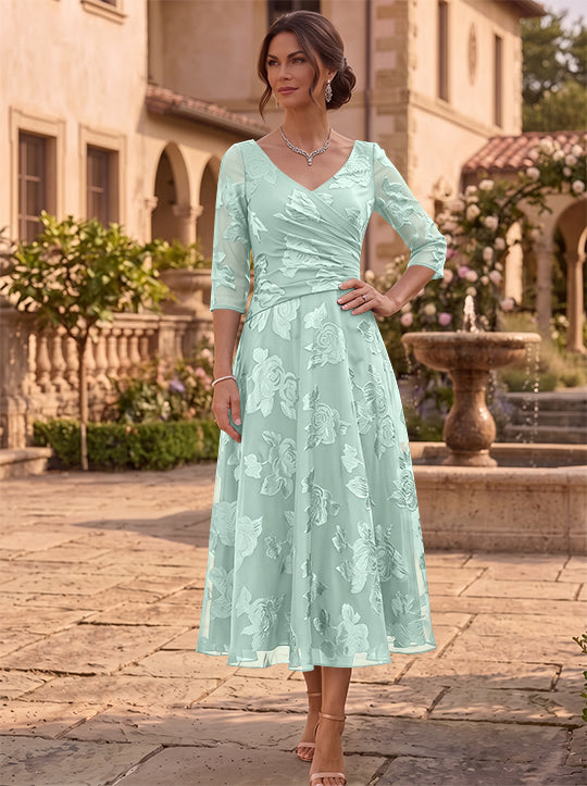 A-Line/Princess V-Neck Mother of the Bride Dresses Floral Burnout Tea-Length Ruched 3/4 Sleeves