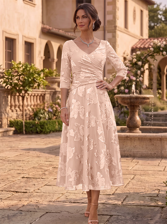 A-Line/Princess V-Neck Mother of the Bride Dresses Floral Burnout Tea-Length Ruched 3/4 Sleeves