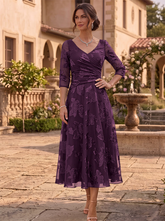 A-Line/Princess V-Neck Mother of the Bride Dresses Floral Burnout Tea-Length Ruched 3/4 Sleeves