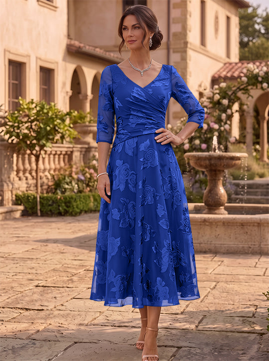 A-Line/Princess V-Neck Mother of the Bride Dresses Floral Burnout Tea-Length Ruched 3/4 Sleeves
