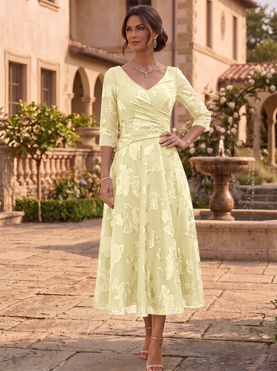 A-Line/Princess V-Neck Mother of the Bride Dresses Floral Burnout Tea-Length Ruched 3/4 Sleeves