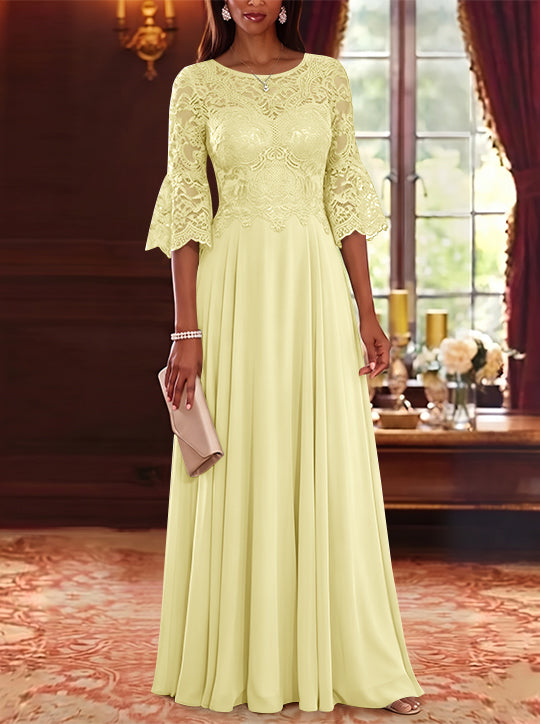 A-Line/Princess Scoop Chiffon Mother of the Bride Dresses Lace Floral Floor-Length 3/4 Sleeves