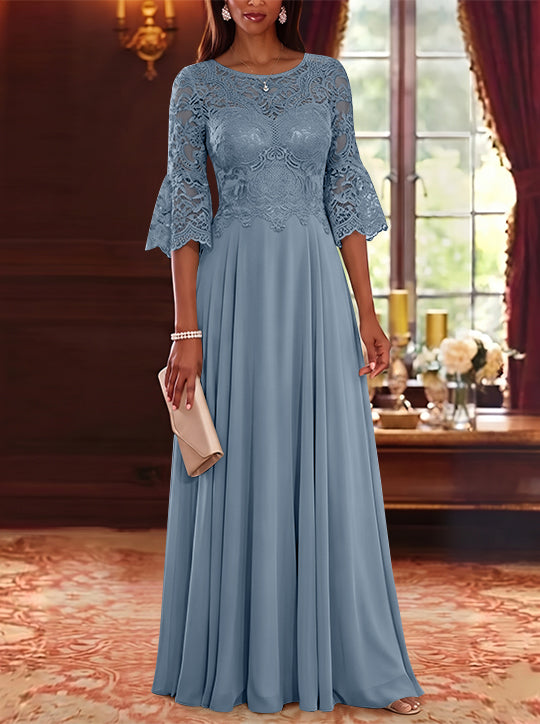 A-Line/Princess Scoop Chiffon Mother of the Bride Dresses Lace Floral Floor-Length 3/4 Sleeves