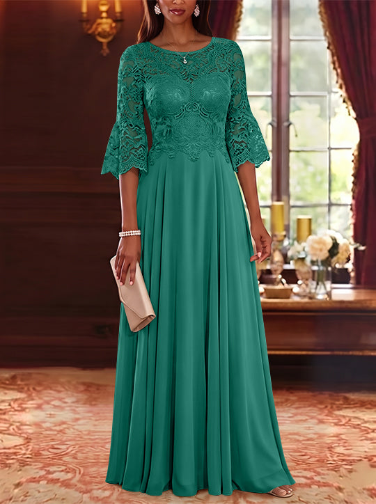 A-Line/Princess Scoop Chiffon Mother of the Bride Dresses Lace Floral Floor-Length 3/4 Sleeves