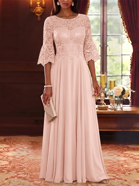 A-Line/Princess Scoop Chiffon Mother of the Bride Dresses Lace Floral Floor-Length 3/4 Sleeves